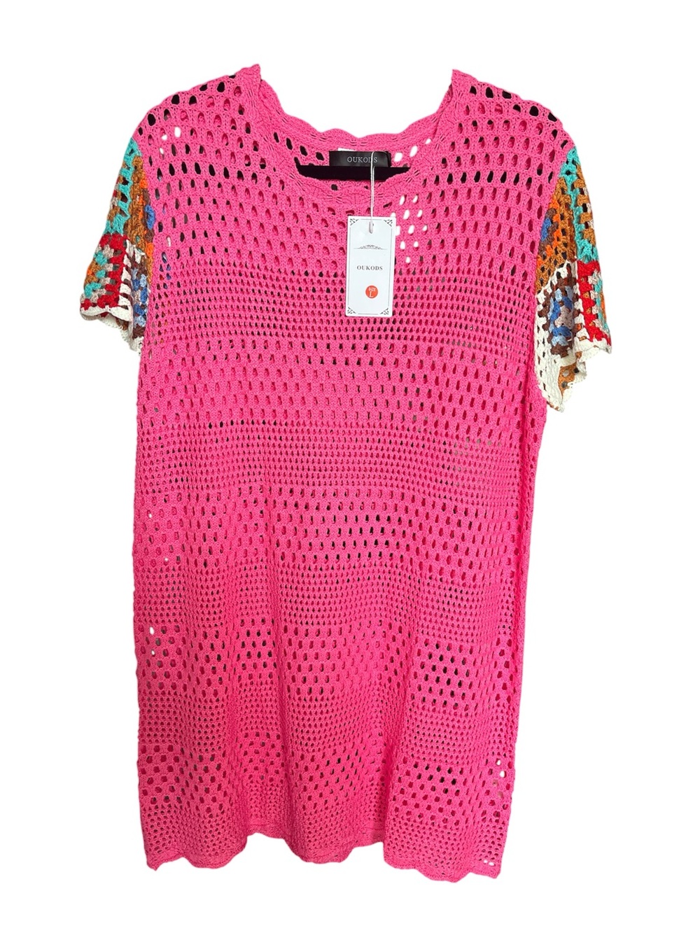 NWT Open-Knit Hot Pink Crochet Tunic with Granny Square Sleeve Accents